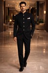 Mens Black Velvet Jodhpuri Suit Nehru Collar Groom Wedding Formal Evening Wear