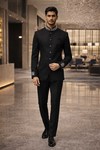 Mens Black Silver Embroidered Jodhpuri Suit Nehru Collar Groom Wedding 2pc Set