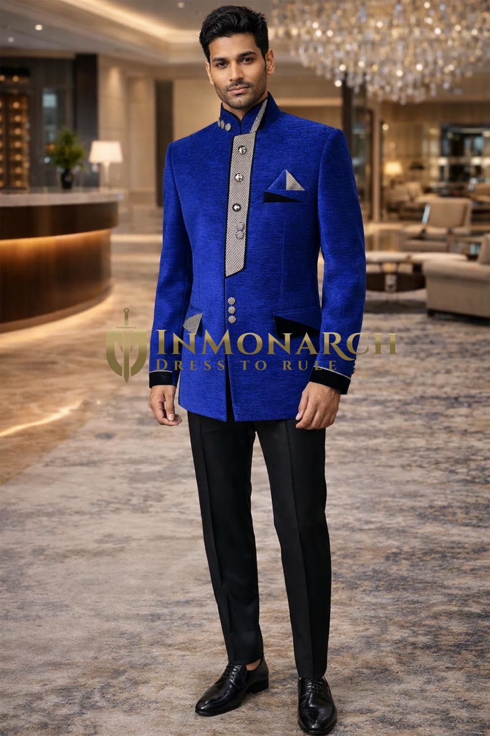 Jodhpuri Anzug Herren Blau Patchwork