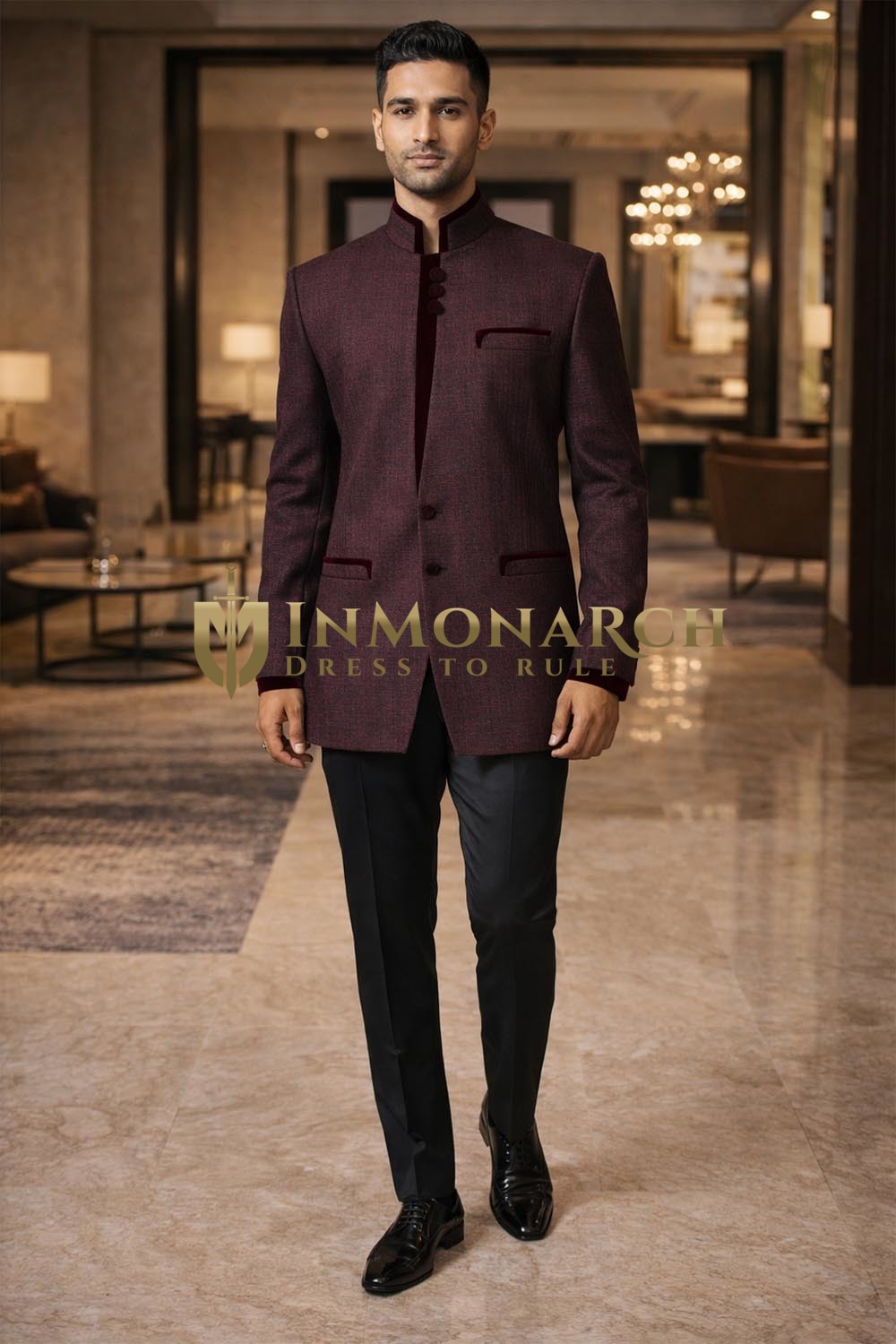Mens Dark Brown 2 Piece Jodhpuri Suit Velvet Trim Wedding Outfit