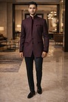 Mens Dark Brown 2 Piece Jodhpuri Suit Velvet Trim Wedding Outfit