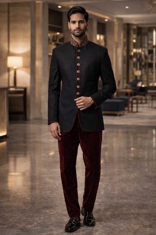 Traje Jodhpur negro elegante bordado
