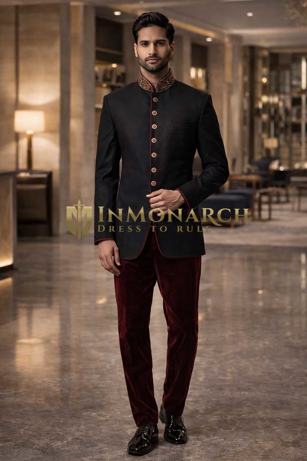 Traje Jodhpur negro elegante bordado