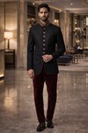Mens Black Maroon Trim Jodhpuri Suit Nehru Collar Groom Wedding 2pc Outfit Set