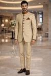 Mens Beige 3 Piece Jodhpuri Suit with Brown Piping Wedding Outfit