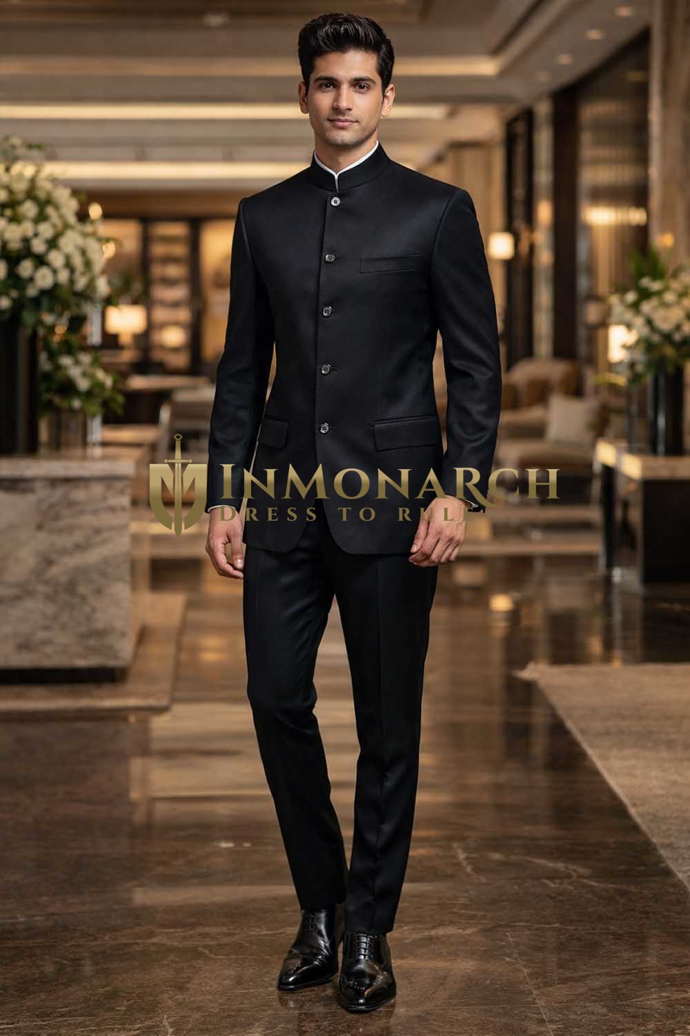 Mens Black Classic Jodhpuri Suit Nehru Collar Groom Wedding Formal 2pc Outfit