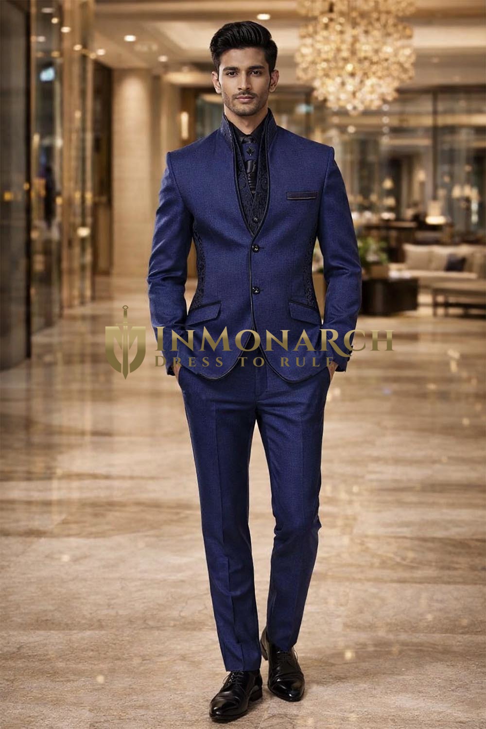 Mens Royal Blue 6 Piece Jodhpuri Suit Bollywood Style Wedding Outfit