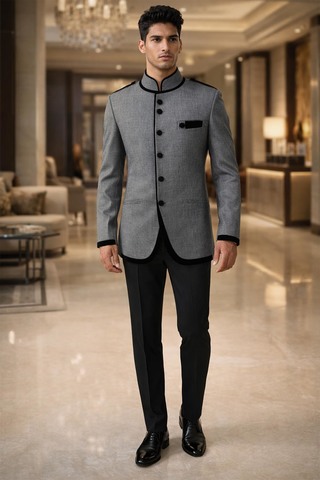 Gray 2pc Jodhpuri Suit with Black Piping Groom Wedding Formal Attire Men