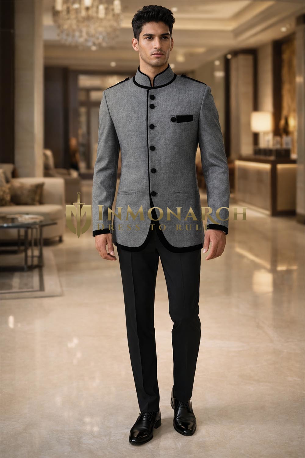 Gray 2pc Jodhpuri Suit with Black Piping Groom Wedding Formal Attire Men