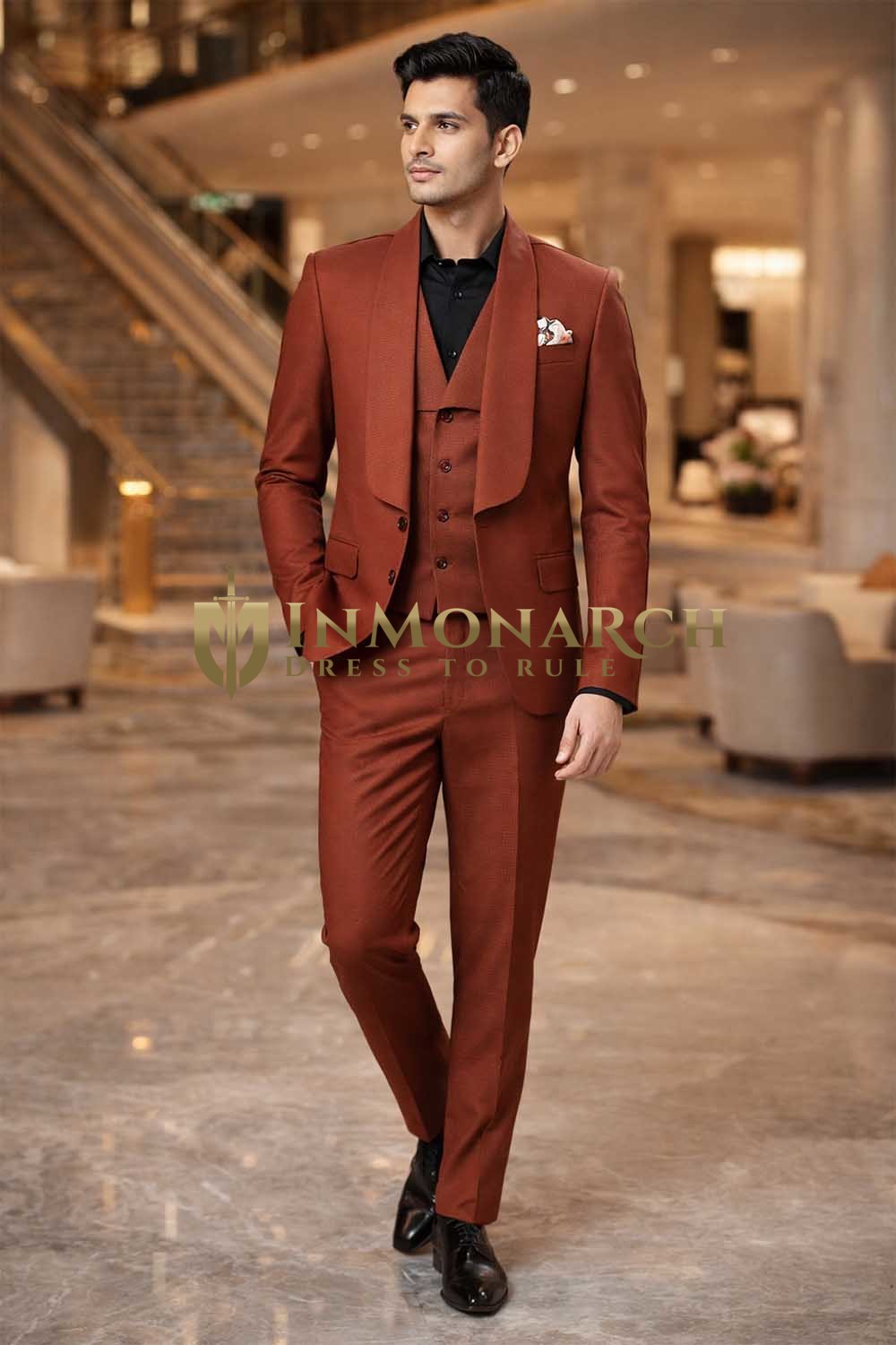Costume smoking marron slim col châle 3 pièces