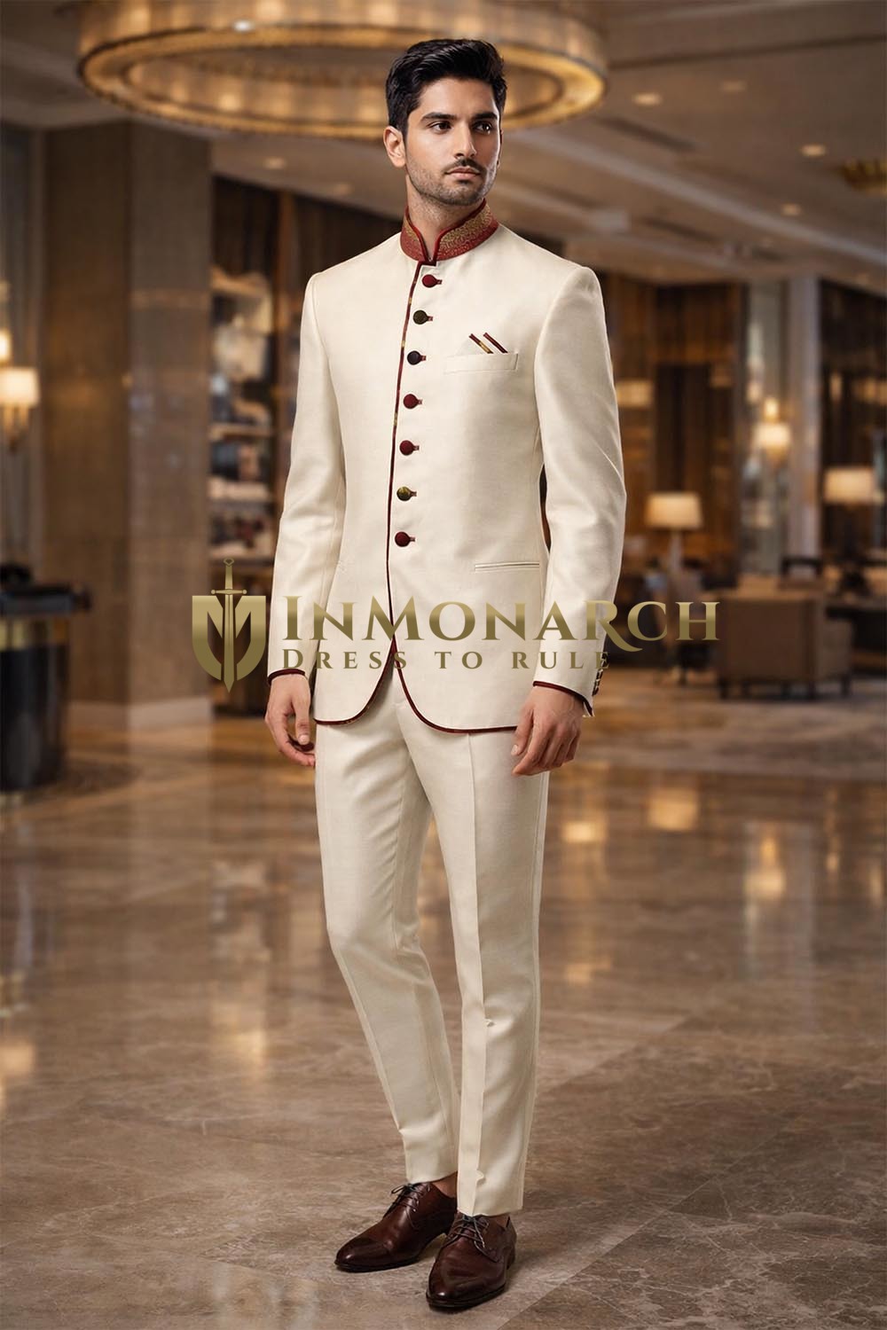 Ivory 3pc Jodhpuri Suit Copper Trim Groom Wedding Formal Attire for Men