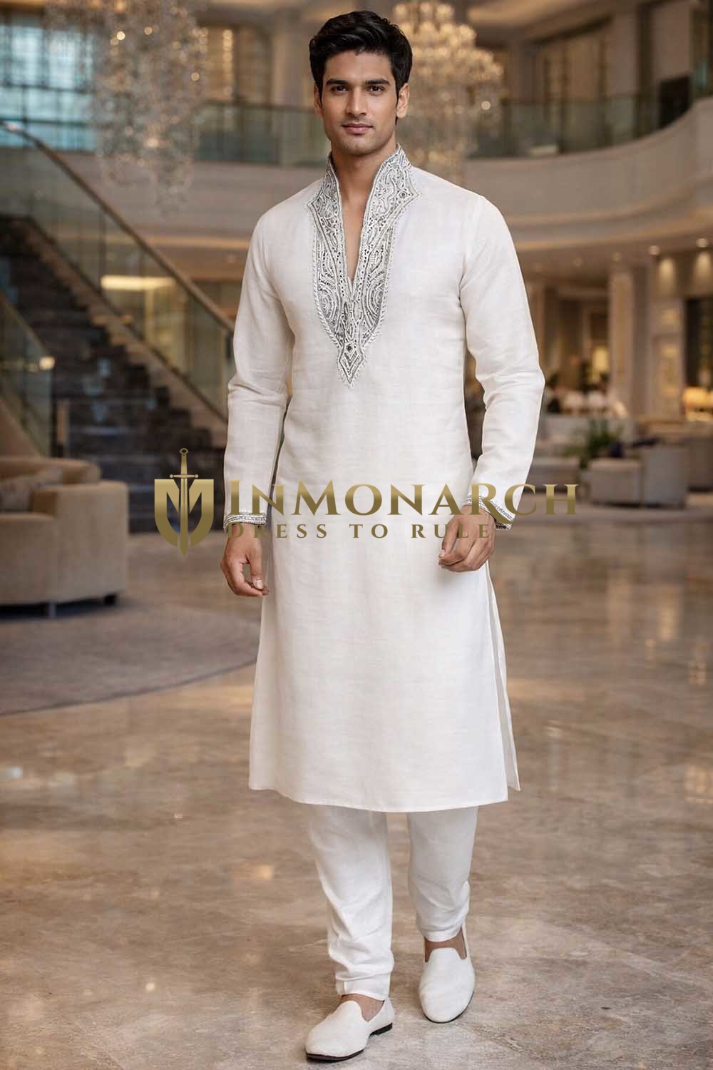 Mens White Linen Kurta Pajama Set Silver Embroidery Wedding Ethnic Outfit Wear