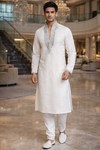 Mens White Linen Kurta Pajama Set Silver Embroidery Wedding Ethnic Outfit Wear