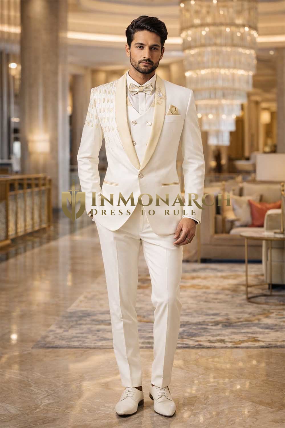 Mens Off White Embroidered Shawl Lapel 5 Piece Tuxedo Suit Formal Outfit