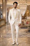 Mens Off White Embroidered Shawl Lapel 5 Piece Tuxedo Suit Formal Outfit