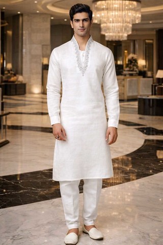 Mens White Linen Kurta Pajama Set Silver Embroidery Wedding Ethnic Party Wear