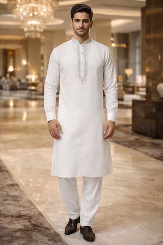 Weißer Kurta Pyjama Nehru-Kragen mit Silberstickerei