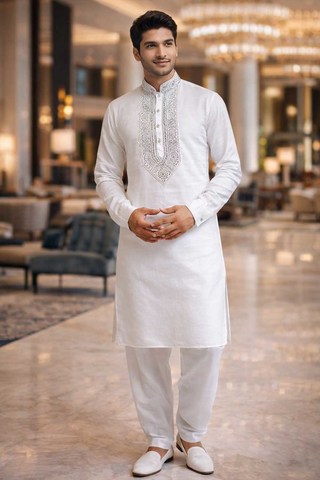 Mens White Linen Kurta Pajama Set Silver Embroidered Wedding Attire