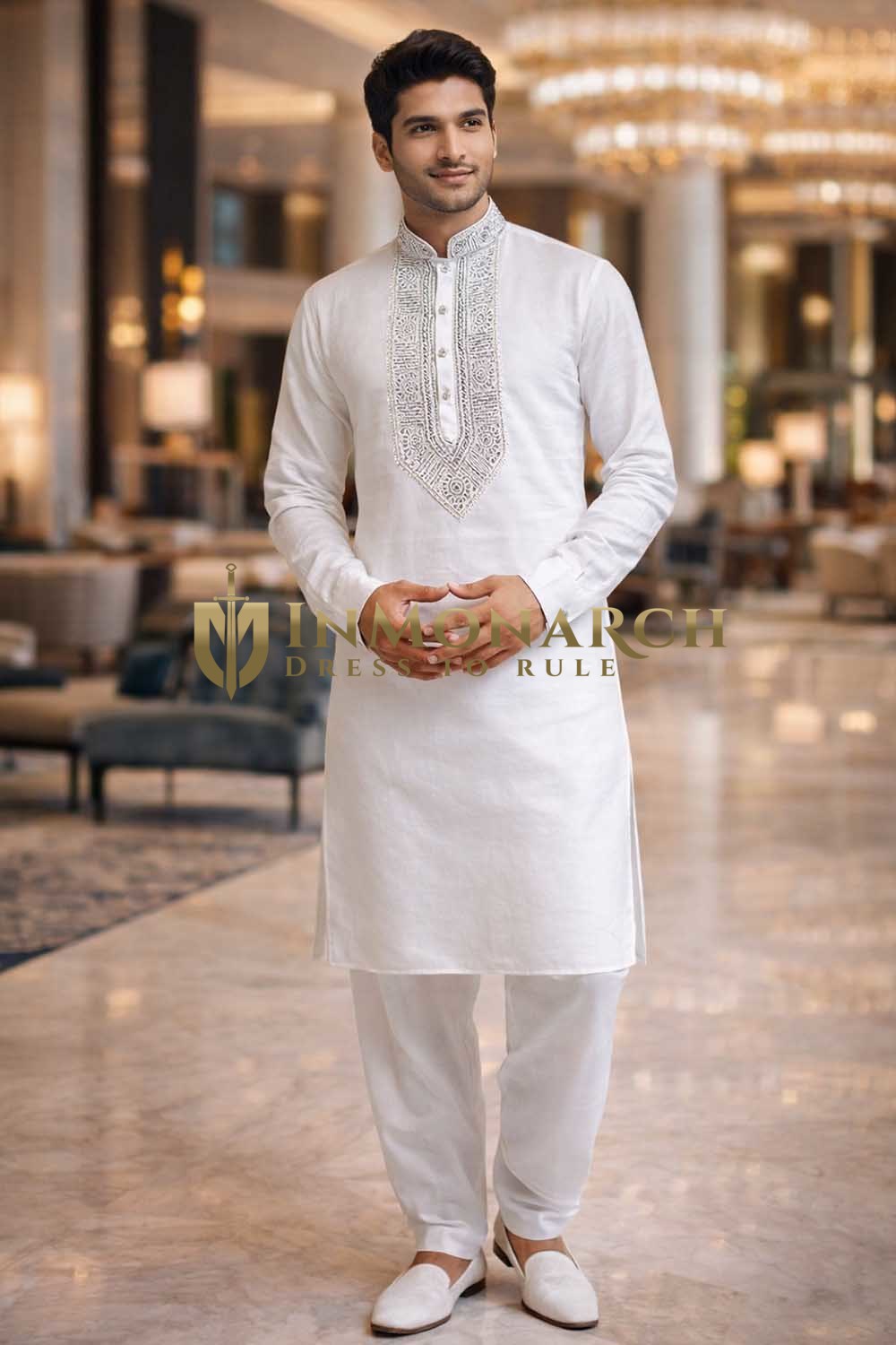 Mens White Linen Kurta Pajama Set Silver Embroidered Wedding Attire