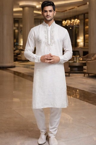 Mens White Linen Kurta Pajama Set Silver Embroidery Festive Wear Attire