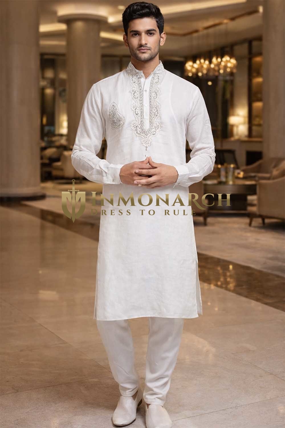 Mens White Linen Kurta Pajama Set Silver Embroidery Festive Wear Attire