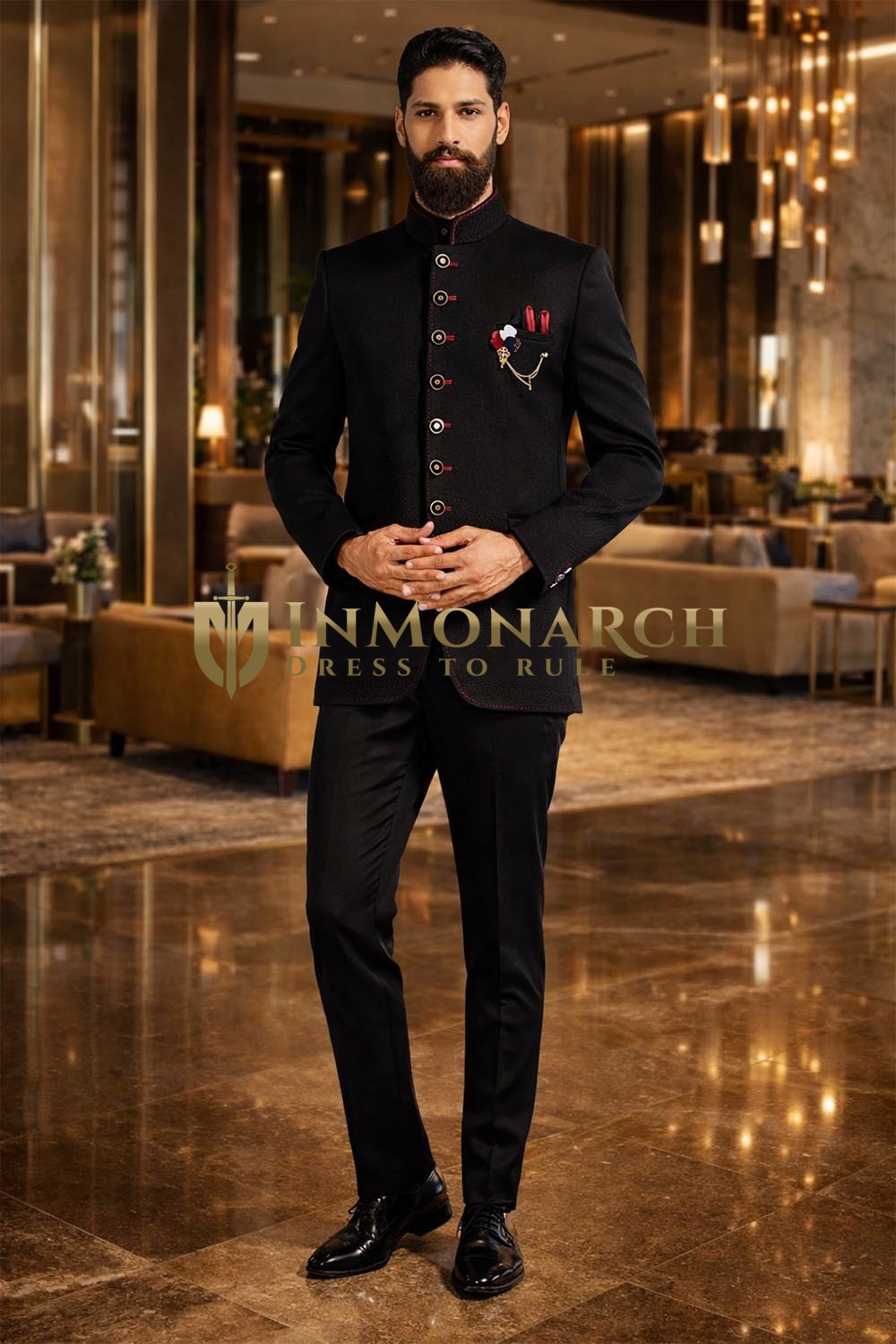 Black 4pc Jodhpuri Suit Brooch Groom Wedding Traditional Formal Set Men
