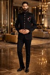 Black 4pc Jodhpuri Suit Brooch Groom Wedding Traditional Formal Set Men