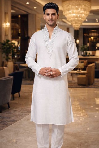 Mens White Linen Kurta Pajama Set High Neck V Collar Wedding Outfit Set