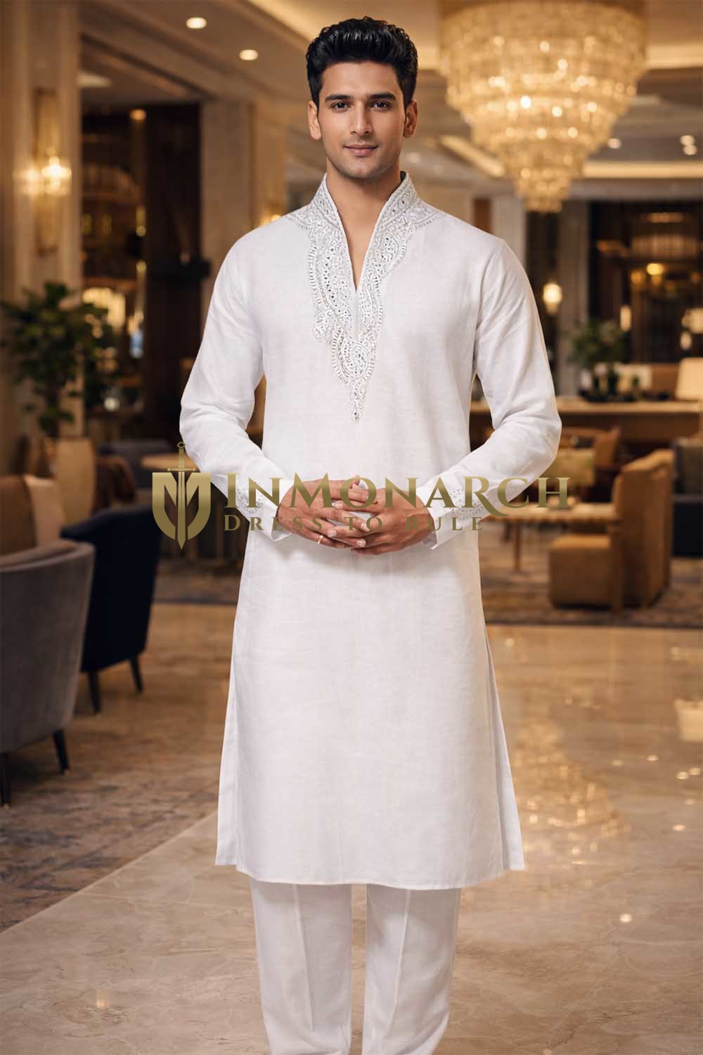 Mens White Linen Kurta Pajama Set High Neck V Collar Wedding Outfit Set