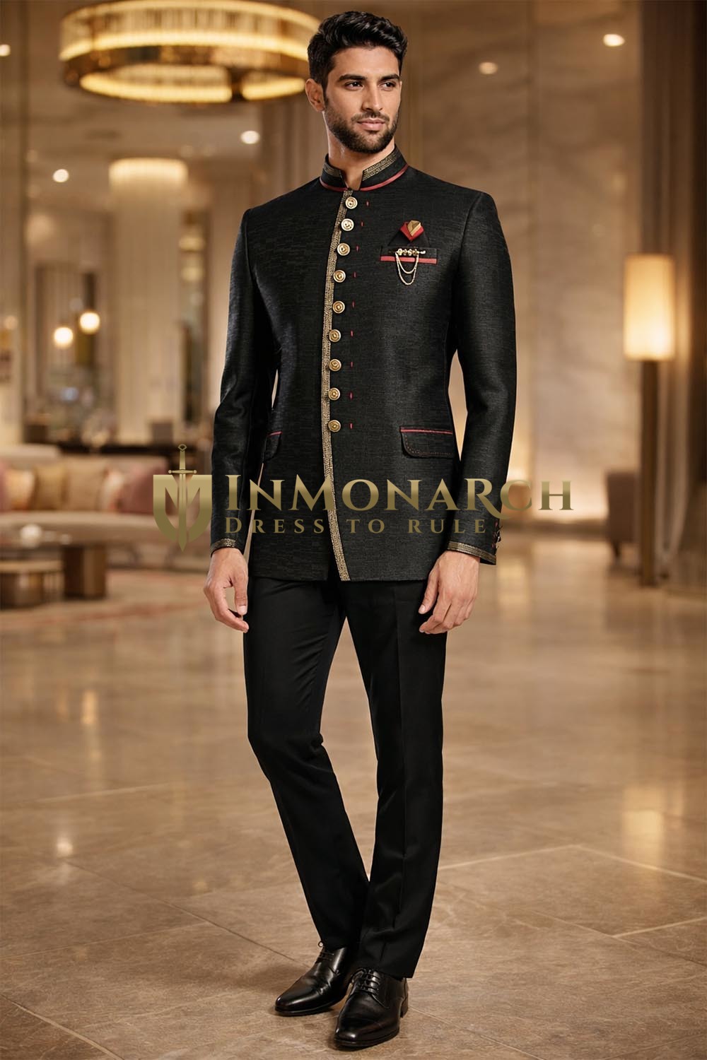 Jodhpur Hochzeitsanzug Schwarz Gold Rot