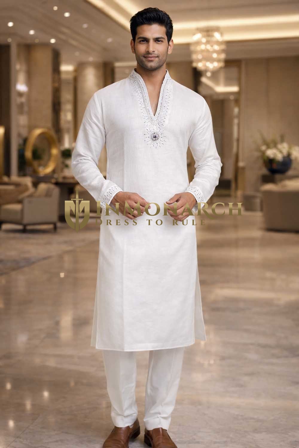 Mens White Linen Kurta Pajama Set High Neck V Collar Festive Outfit Set