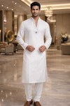Mens White Linen Kurta Pajama Set High Neck V Collar Festive Outfit Set