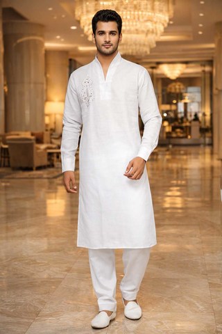 Mens White Linen Kurta Pajama Set High Neck Embroidered Wedding Outfit