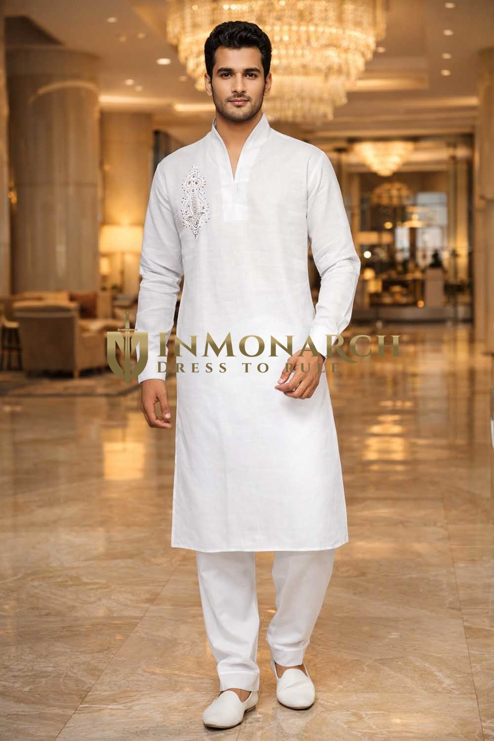 Mens White Linen Kurta Pajama Set High Neck Embroidered Wedding Outfit