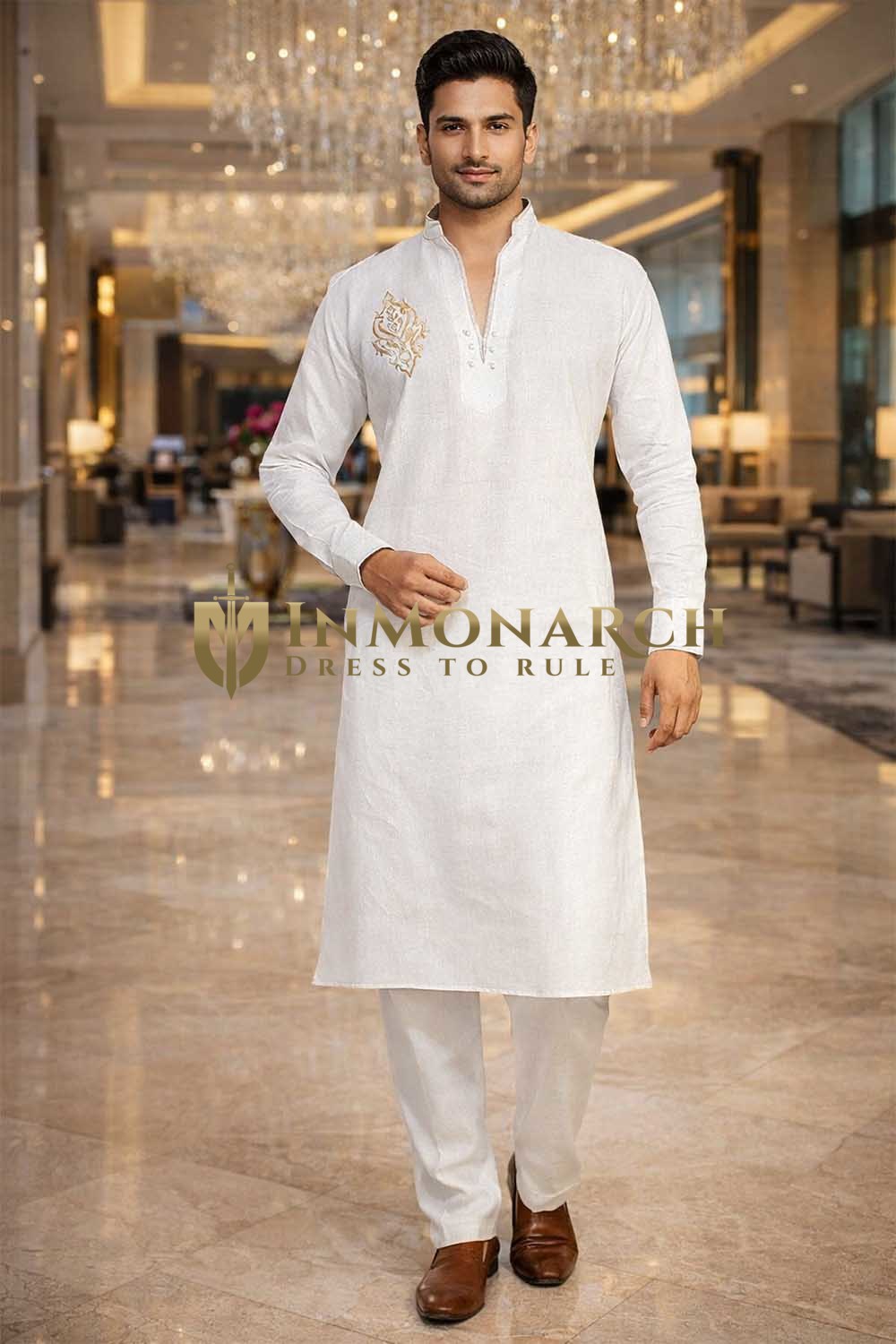 Mens White Linen Kurta Pajama Set V Neck Piping Festive Wedding Outfit