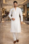 Mens White Linen Kurta Pajama Set V Neck Piping Festive Wedding Outfit