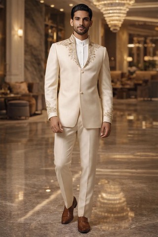 Traje Jodhpur cuello alto bordado