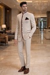 Cream 3pc Jodhpuri Suit Maroon Trim Groom Wedding Formal Attire for Men
