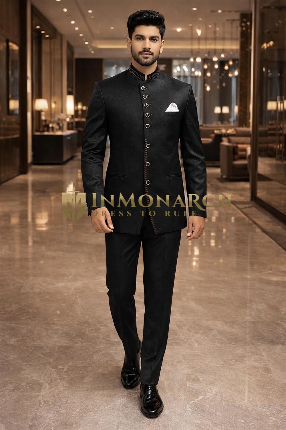 Designer Angrakha Jodhpur Anzug schwarz