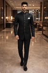 Black 3pc Angrakha Jodhpuri Suit Groom Wedding Formal Attire for Men