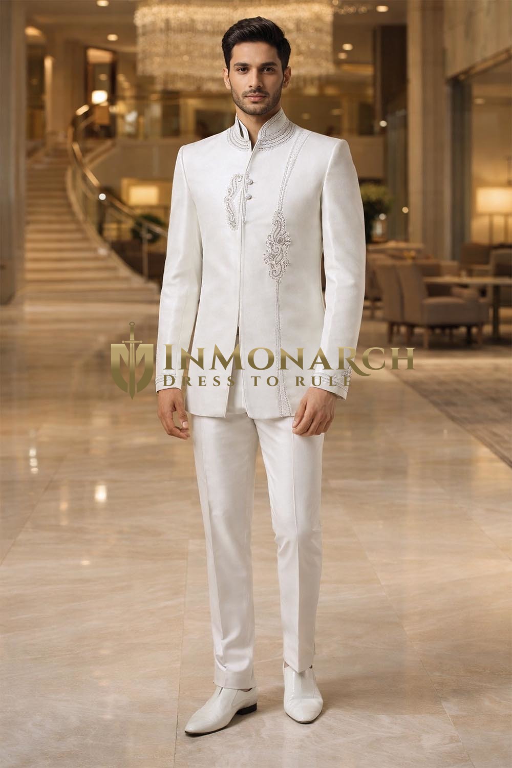 Cream 2pc Jodhpuri Suit Concealed Button Wedding Attire for Men