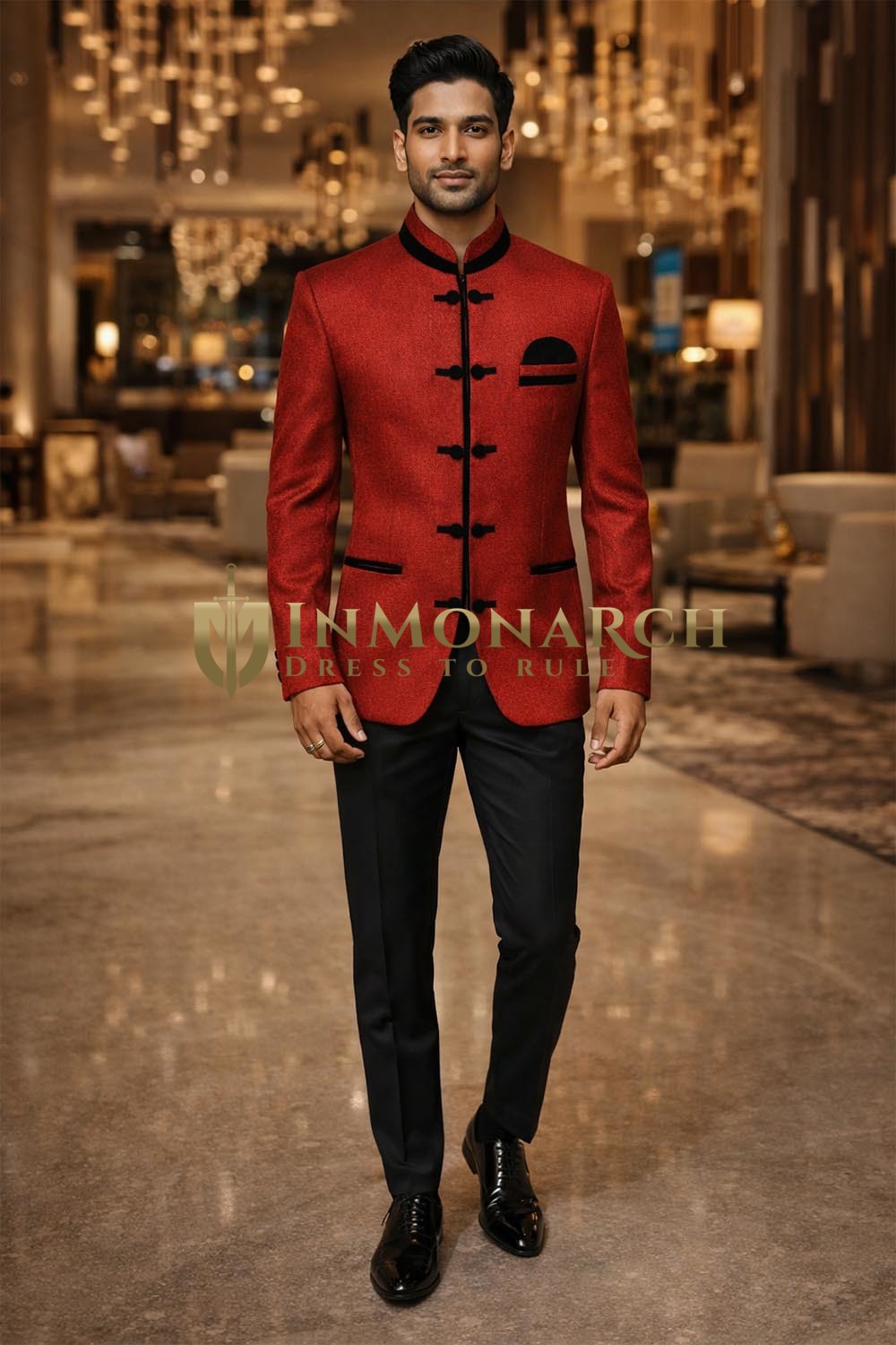 Red 3pc Jodhpuri Suit Velvet Trim Wedding Formal Attire for Men