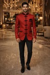 Red 3pc Jodhpuri Suit Velvet Trim Wedding Formal Attire for Men
