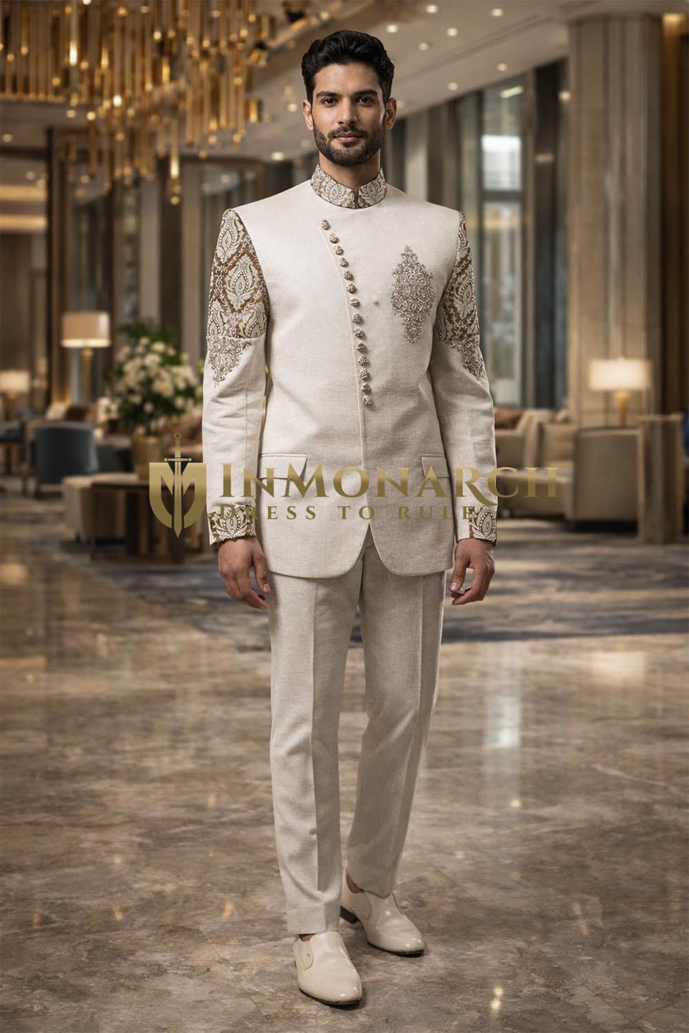 White 2pc Linen Jodhpuri Suit Brocade Reception Attire for Men