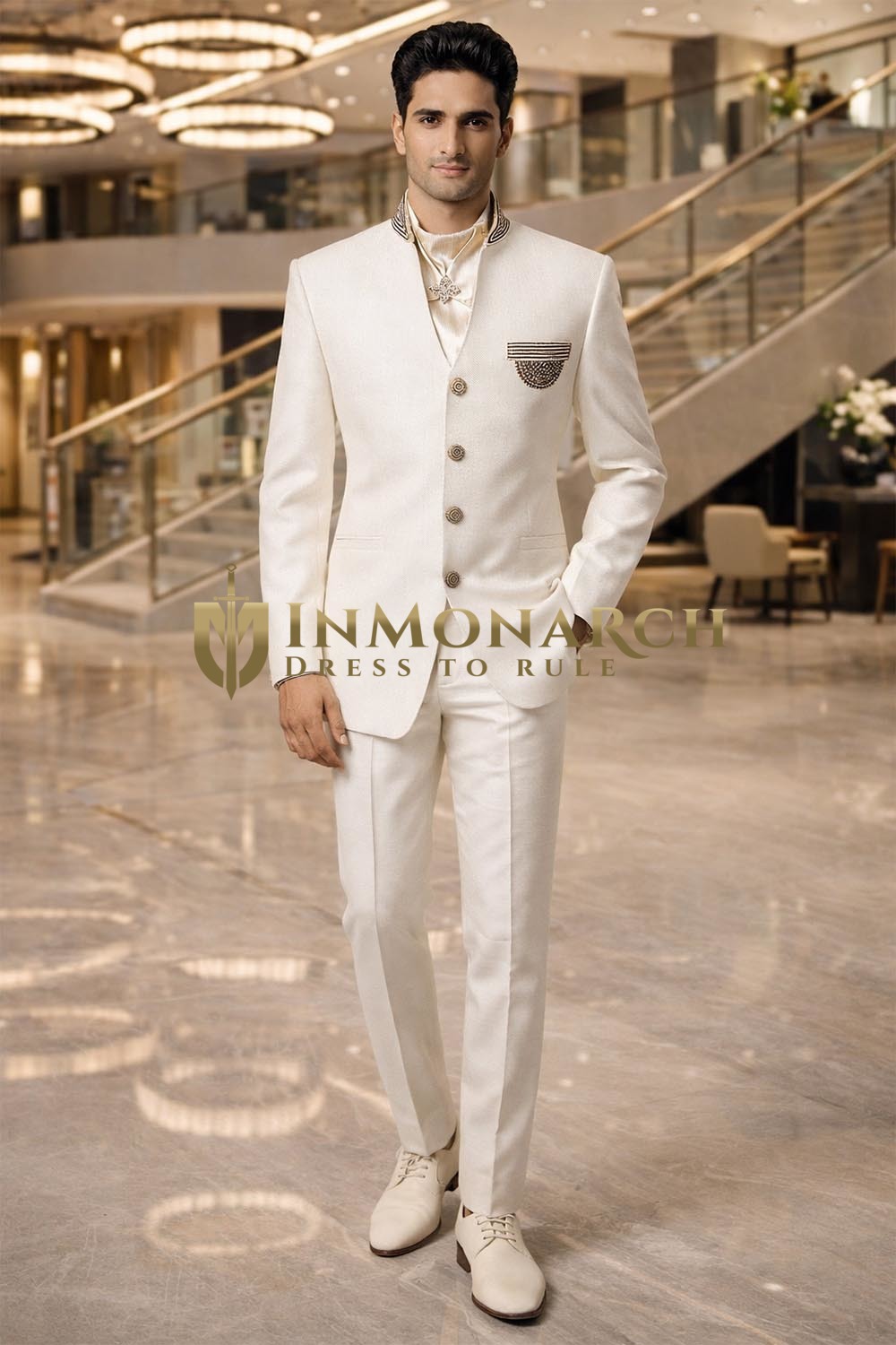 Cream 4pc Jodhpuri Suit Embroidered Wedding Formal Attire for Men