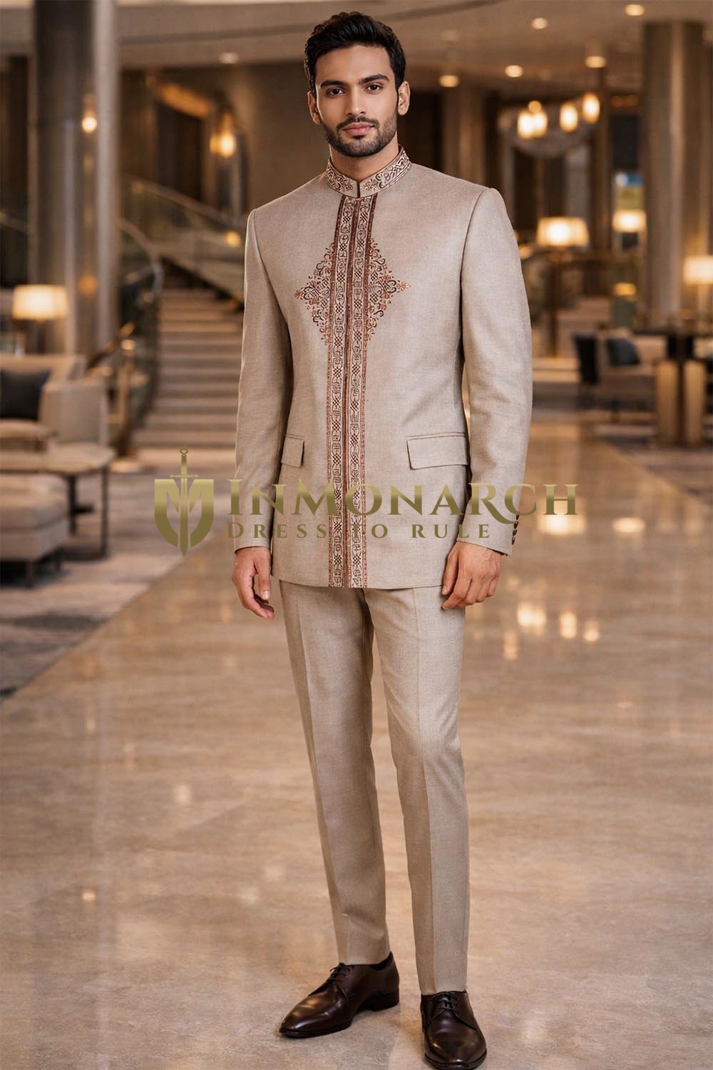 Almond 2pc Embroidered Concealed Button Jodhpuri Suit for Men Wedding