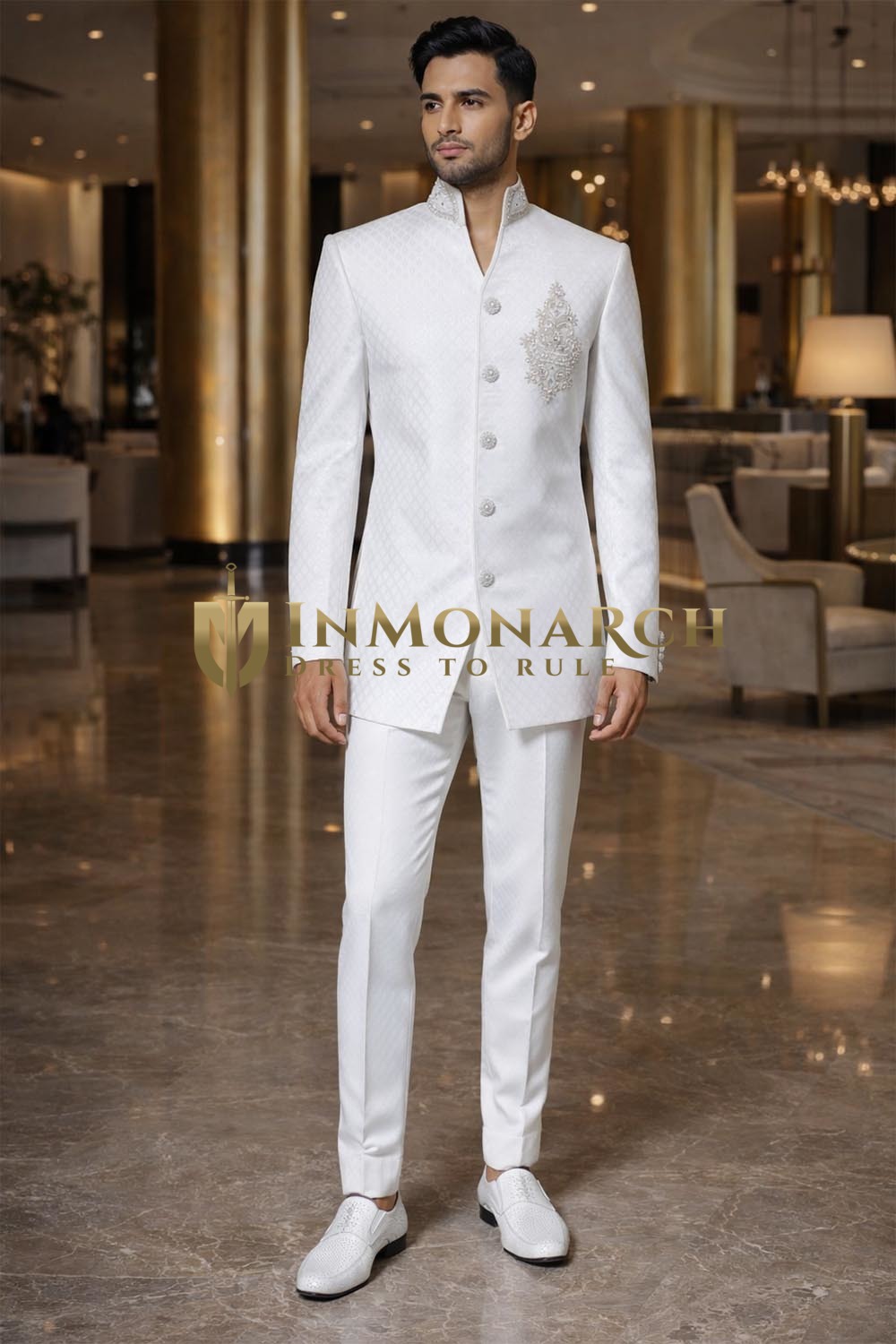 White Brocade 2pc Nehru Collar Jodhpuri Suit Wedding Attire for Men