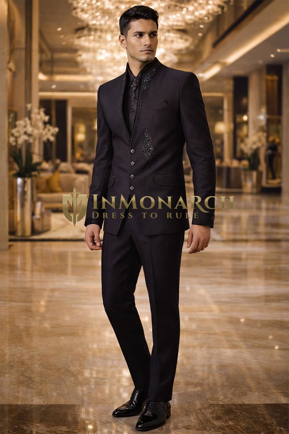Dark Brown 6pc Groom Jodhpuri Suit Hand Embroidered Wedding Attire