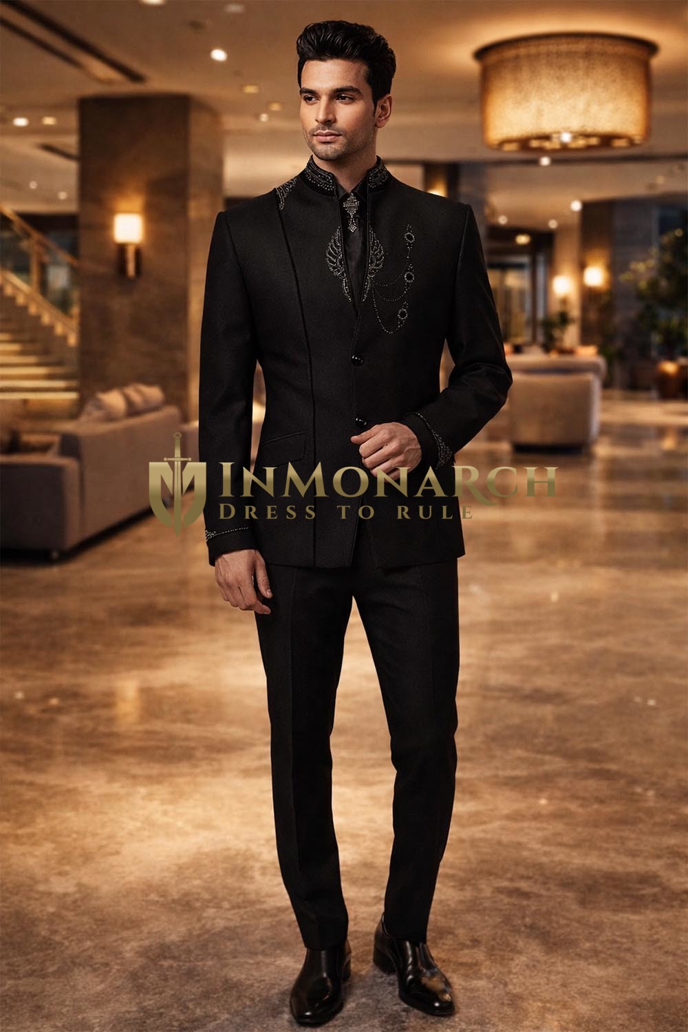 Black 2 Button Hand Embroidered Jodhpuri Suit 5pc for Men