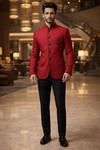 Red Linen Jute 5 Button Jodhpuri Suit for Men